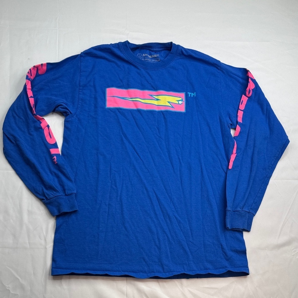 Blue Graphic Long Sleeve Shirt Mr beast size medium M blue lightning bolt